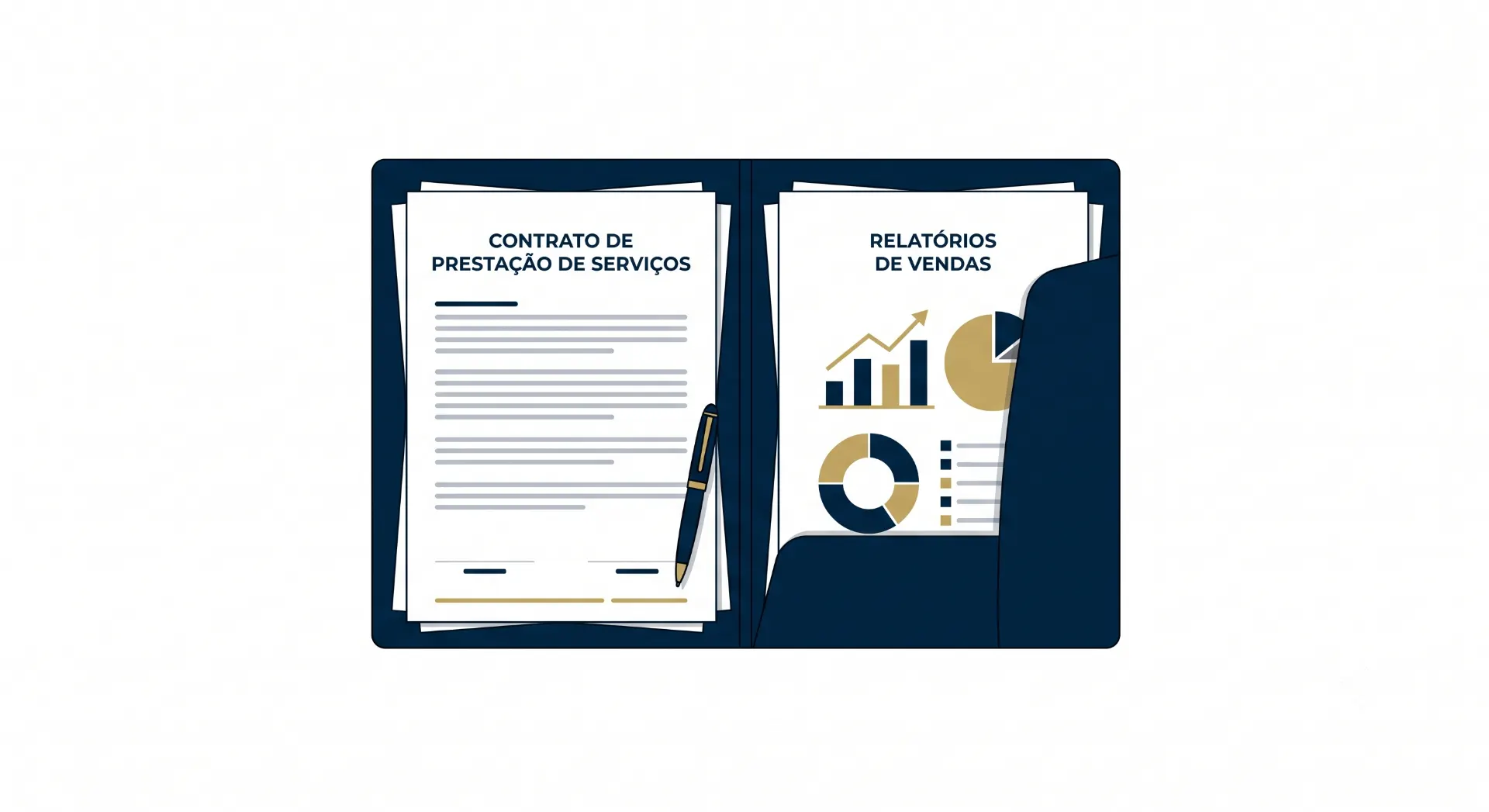 Ilustração de documentos em uma pasta azul com contrato de prestação de serviços e relatórios de vendas com gráficos e indicadores financeiros