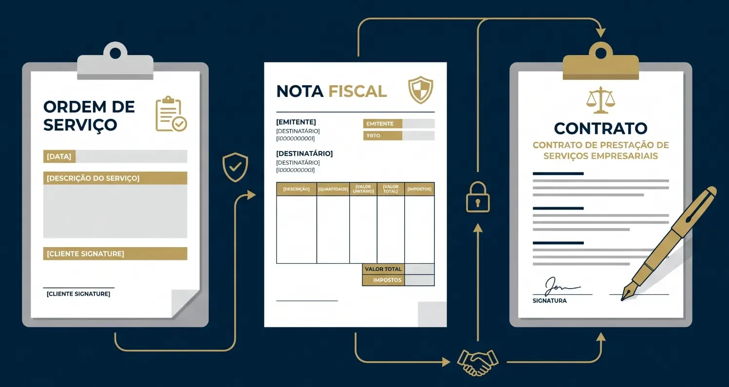 Ilustração com três documentos corporativos: ordem de serviço, nota fiscal e contrato de prestação de serviços empresariais, com símbolos de segurança e assinatura.