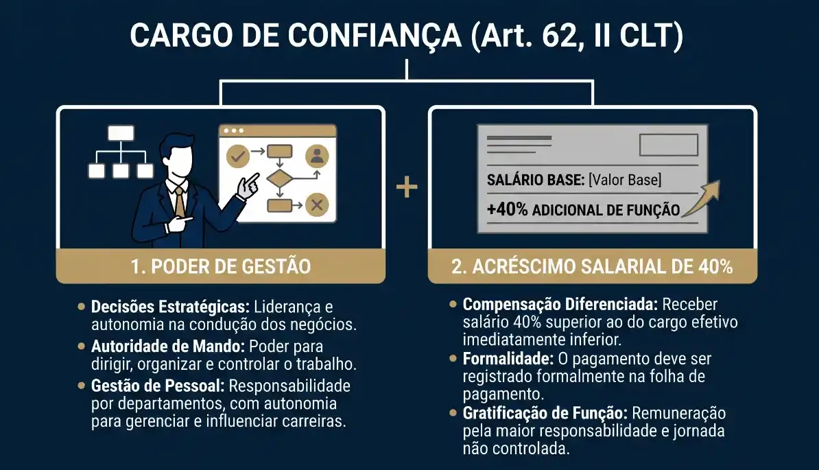 Infográfico sobre cargo de confiança (Art. 62, II CLT) com tópicos de poder de gestão e acréscimo salarial de 40%, incluindo remuneração, formalização na folha e gratificação de função.
