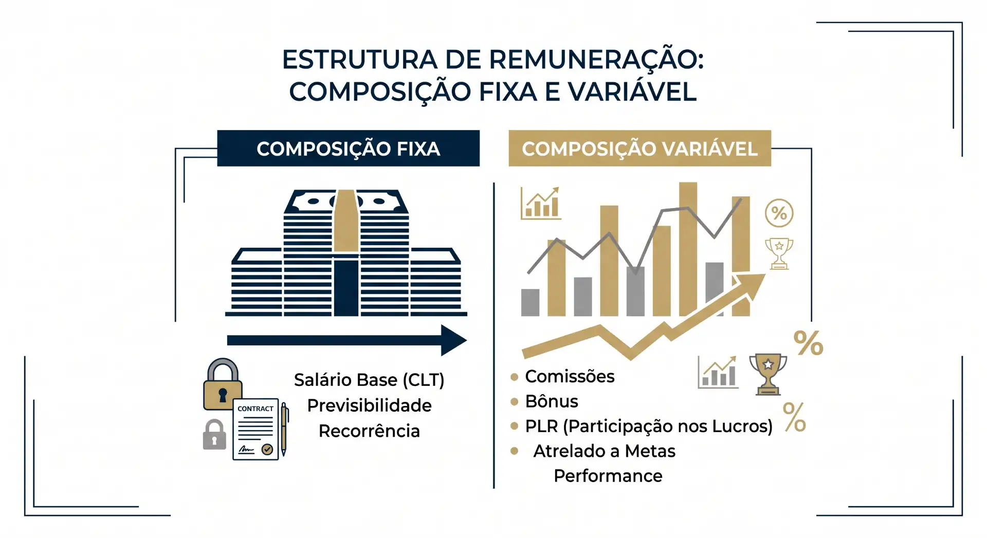 Infográfico de estrutura de remuneração com composição fixa e composição variável, mostrando salário base CLT, previsibilidade e recorrência, além de comissões, bônus e metas.