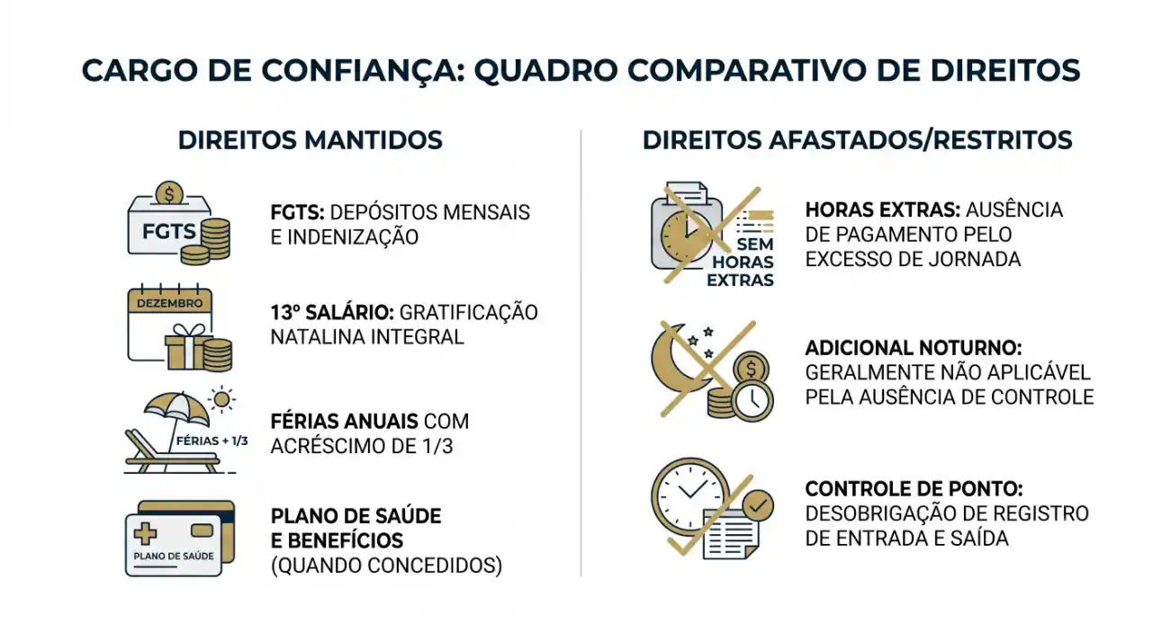Quadro comparativo de direitos trabalhistas: direitos mantidos com FGTS, 13º salário, férias e plano de saúde; direitos afastados/restritos como horas extras, adicional noturno e controle de ponto.