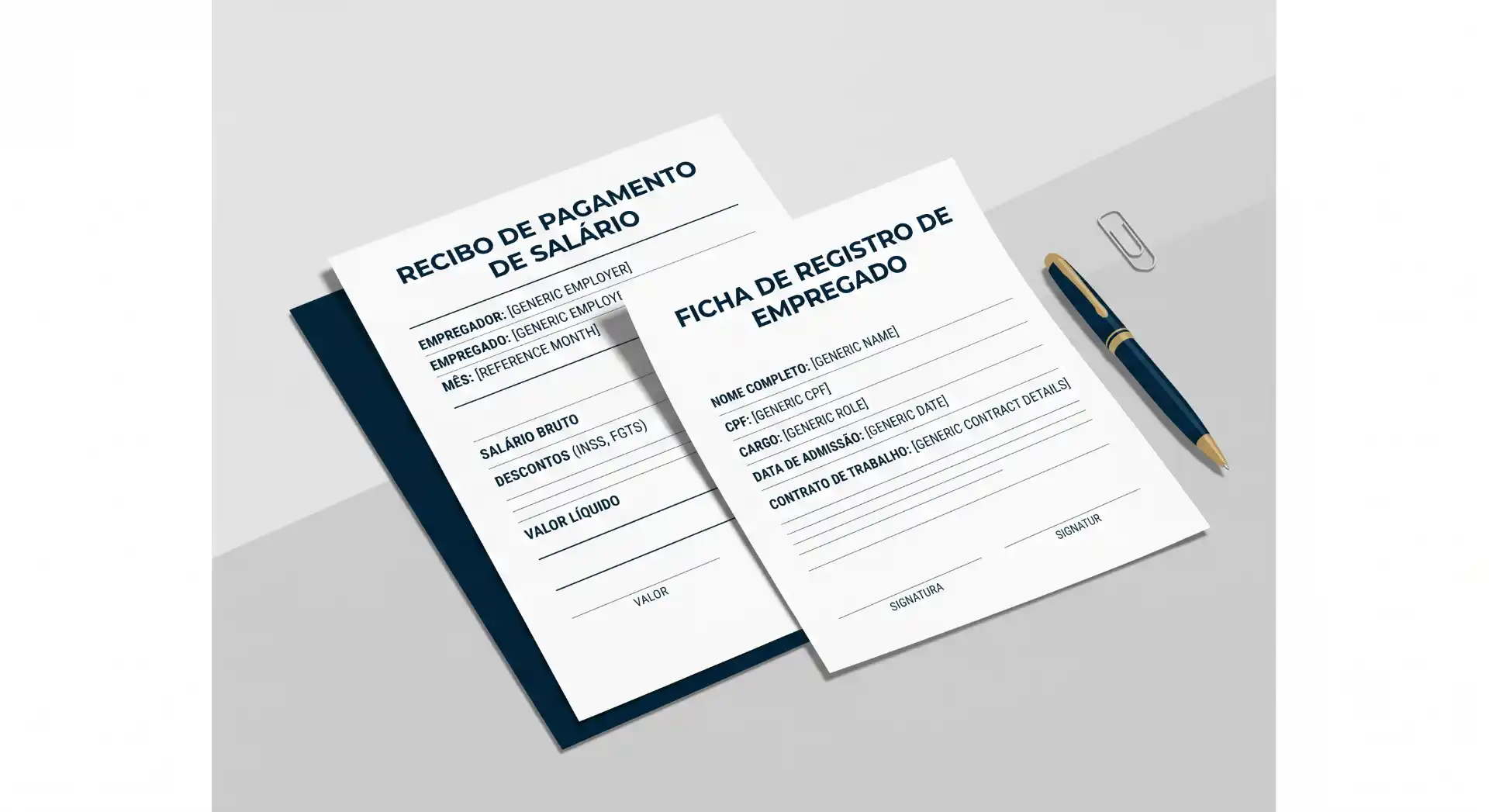 Folhas de recibo de pagamento de salário e ficha de registro de empregado, com campos para dados do empregado, cargo, valor bruto e líquido, e espaço para assinatura e data.