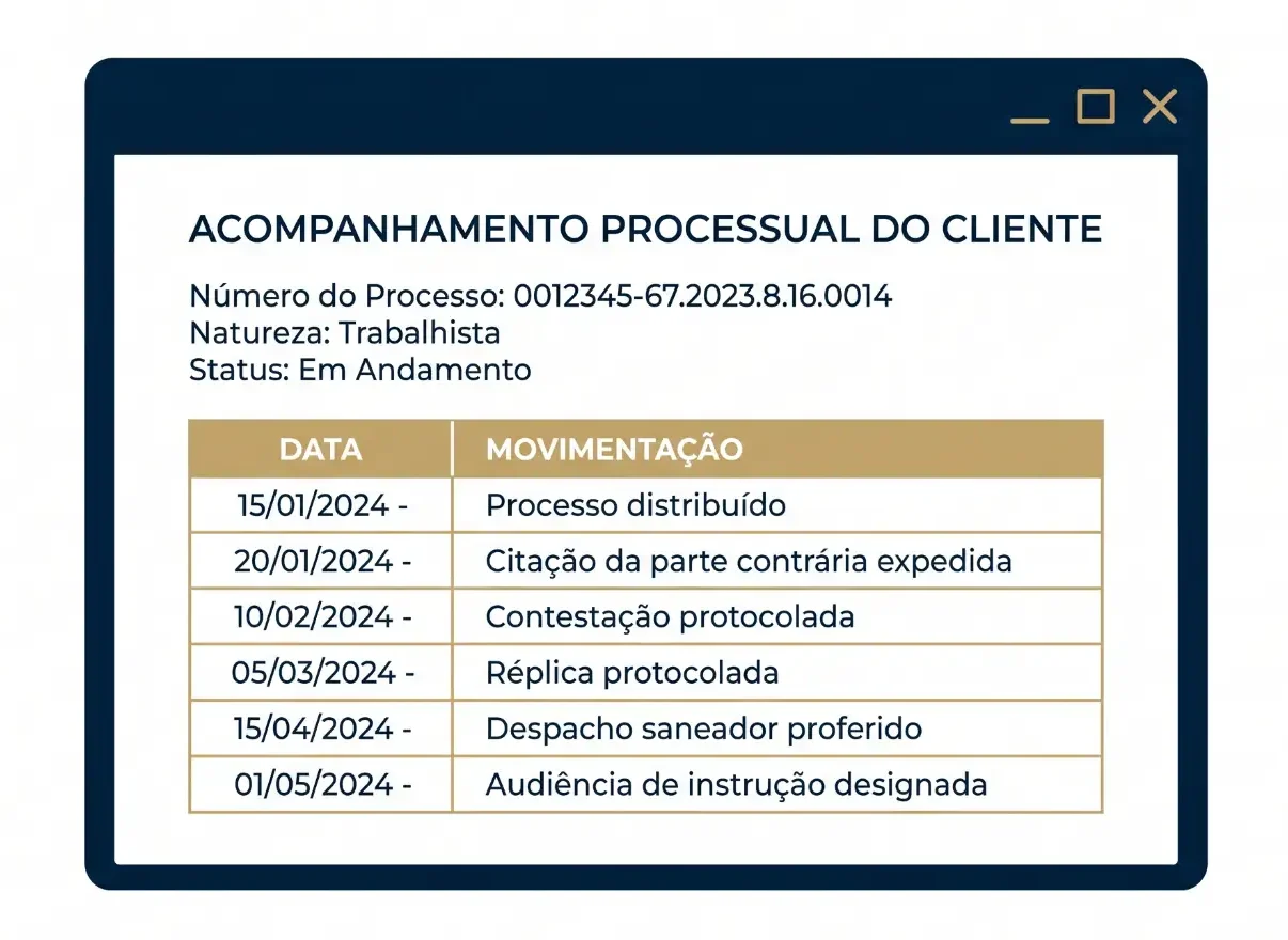 Captura de tela de um formulário de acompanhamento processual do cliente com número do processo, natureza do trabalho e status “Em Andamento”, exibindo a tabela de datas e movimentações como distribuição, citação, contestação, réplica, despacho e audiência.