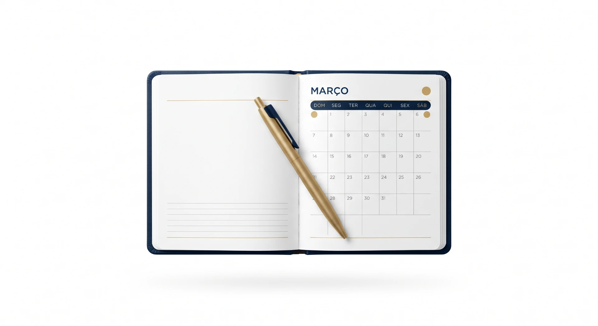 Agenda aberta com calendário mensal e espaço em branco, com caneta e lápis sobre a página; imagem em fundo claro para material de escritório e planejamento