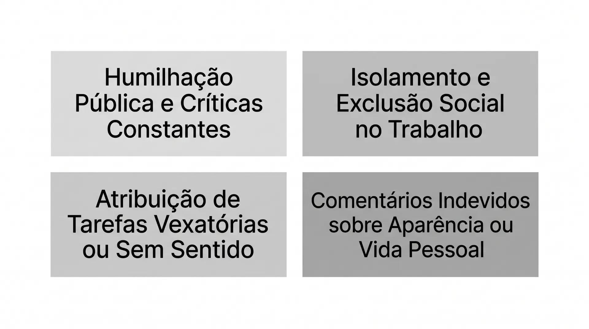 Imagem com quatro caixas de texto em fundo claro: “Humilhação Pública e Críticas Constantes”, “Isolamento e Exclusão Social no Trabalho”, “Atribuição de Tarefas Vexatórias ou Sem Sentido” e “Comentários Indevidos sobre Aparência ou Vida Pessoal”, representando situações de assédio no ambiente profissional.