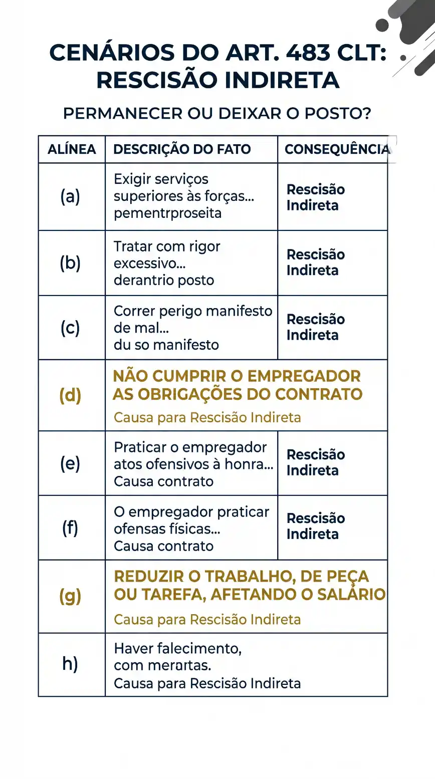 Infográfico com a expressão “CE NÁRIOS DO ART. 483 CLT: RESCISÃO INDIRETA” e uma tabela com alíneas (a) a (h), descrevendo causas de rescisão indireta