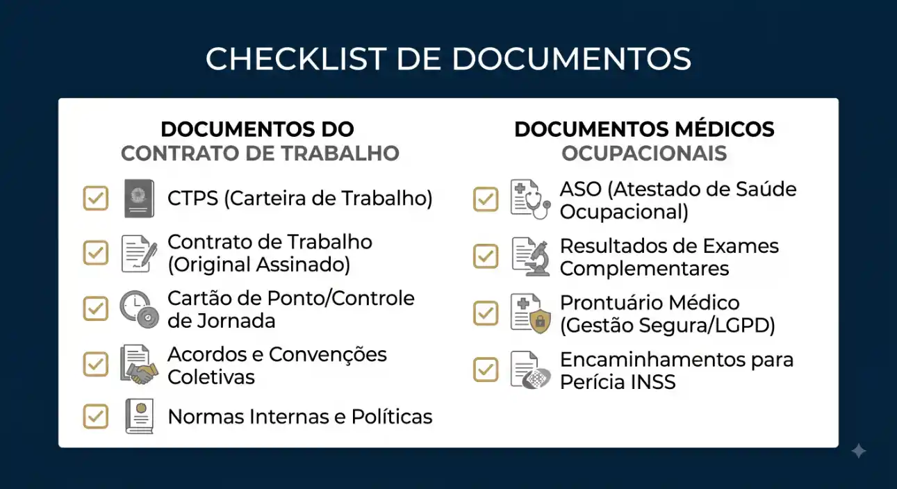 Checklist de documentos com lista de Documentos do Contrato de Trabalho e Documentos Médicos Ocupacionais, incluindo CTPS, contrato, cartão de ponto, ASO, exames e prontuário.