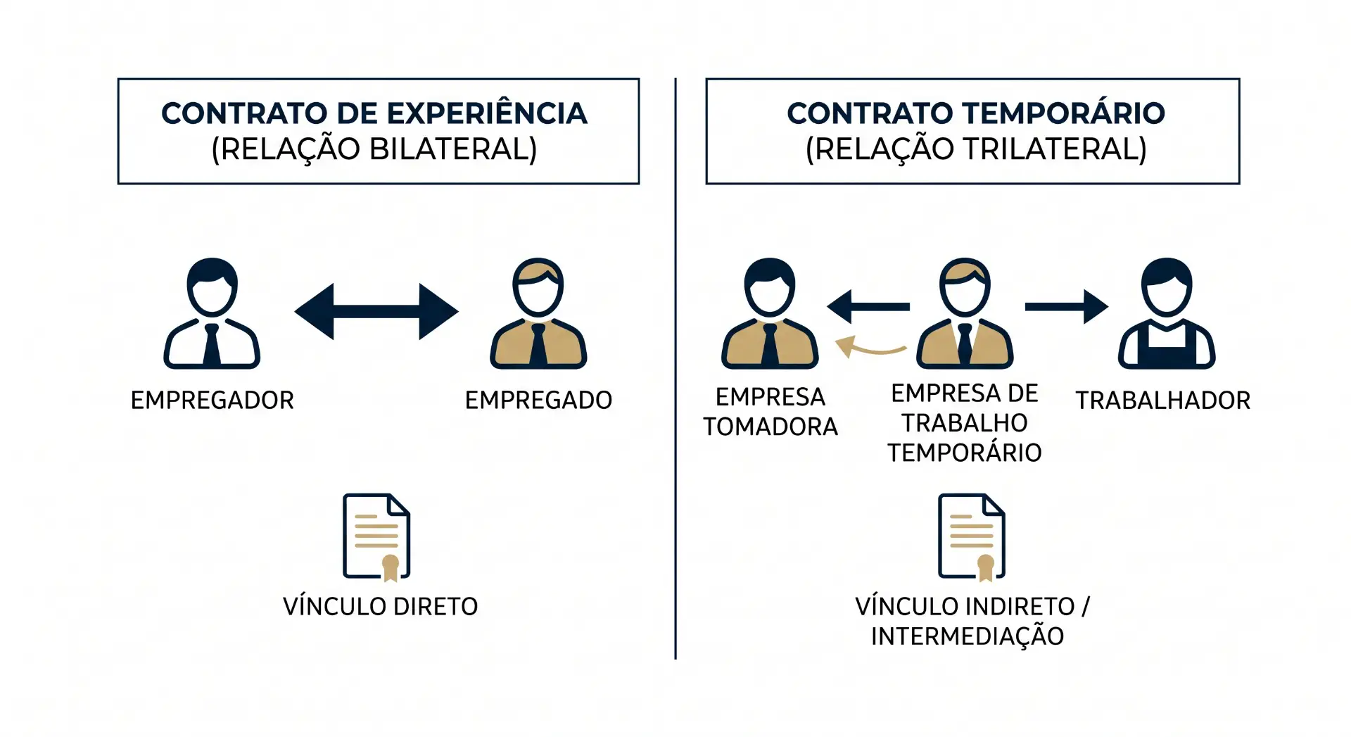 Ilustração comparando contrato de experiência (relação bilateral) e contrato temporário (relação trilateral), mostrando empregador e empregado, além de empresa tomadora, empresa de trabalho temporário e trabalhador, com vínculos direto e indireto por intermediação.