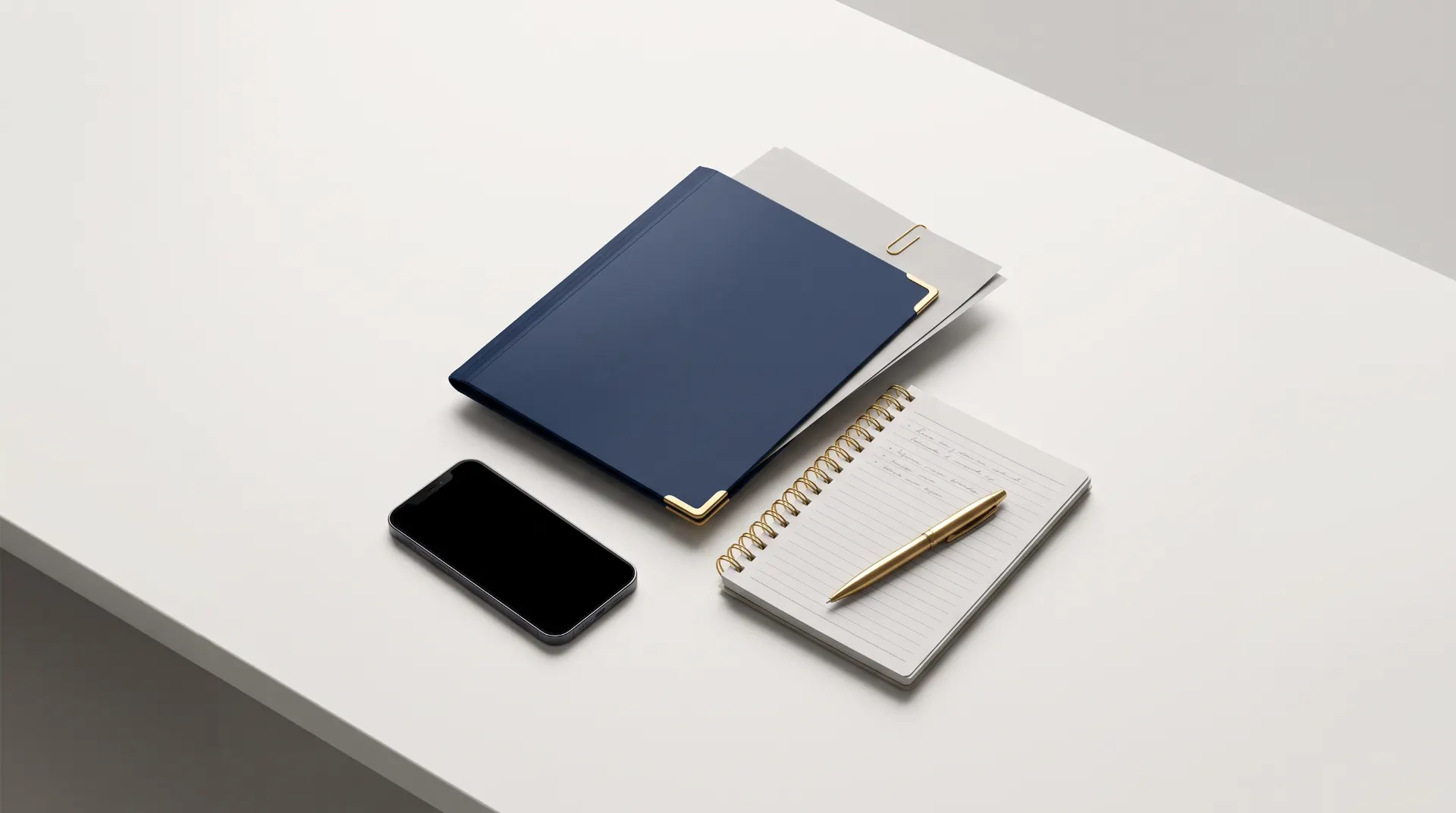Imagem de um conjunto organizado em uma mesa: um caderno azul fechado, um celular preto e um bloco de anotações com caneta dourada, em composição minimalista com luz suave.