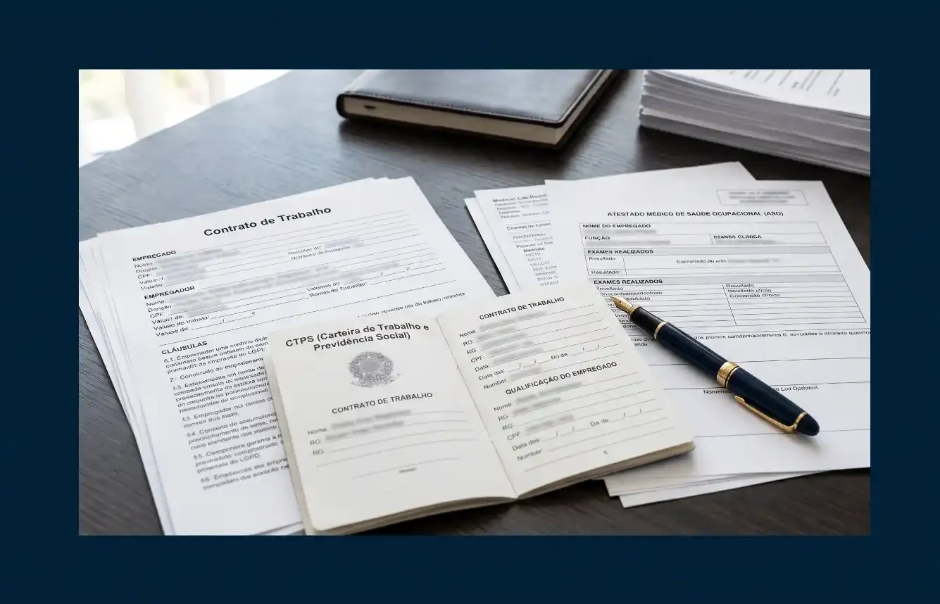 Páginas de contrato de trabalho sobre uma mesa, com documento aberto ao centro, papéis ao redor e uma caneta sobre formulários e cláusulas.