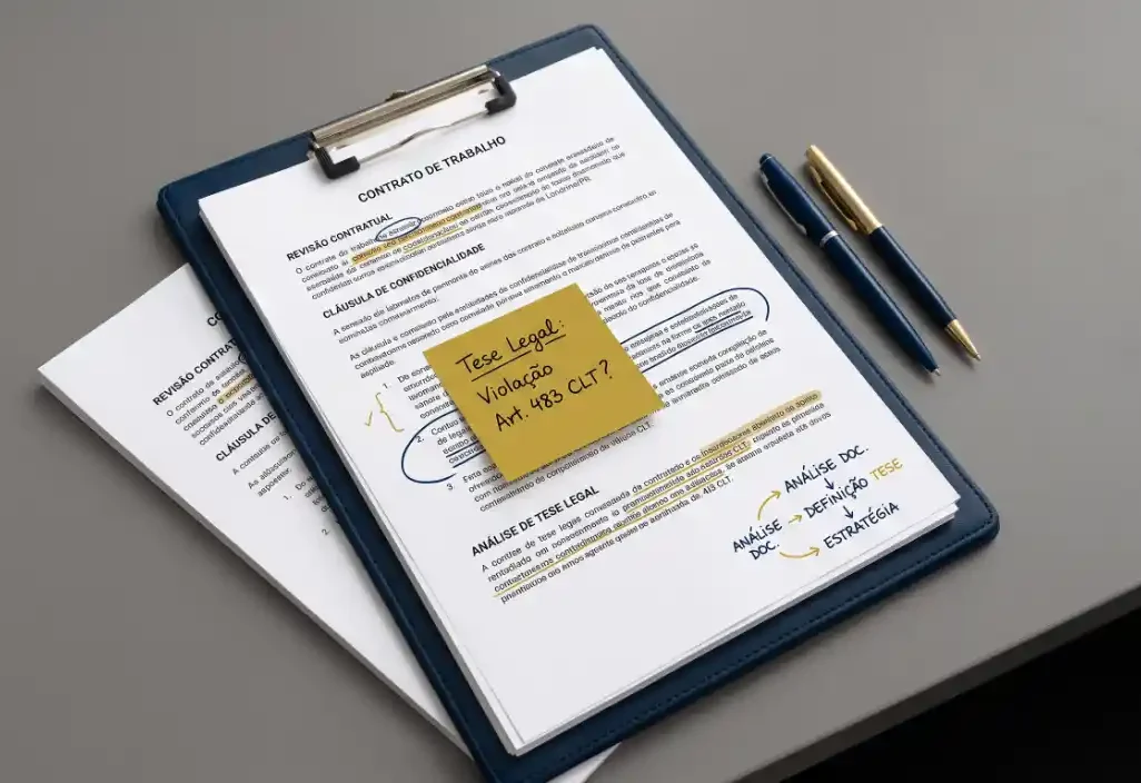 Contrato de trabalho em documento aberto sobre uma pasta azul, com carimbo amarelo de “Tese Legal! Violação Art. 367?”, canetas ao lado e anotações de análise jurídica.