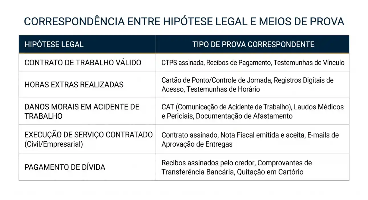 Tabela “Correspondência entre Hipótese Legal e Meios de Prova” com exemplos: contrato de trabalho válido, horas extras, danos morais em acidente, execução de serviço contratado e pagamento de dívida, indicando o tipo de prova correspondente.