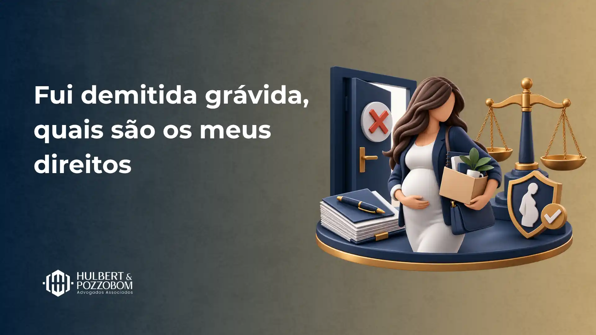 Ilustração sobre direitos da gestante: uma mulher grávida em estilo 3D ao lado de uma balança da justiça, ícone de proteção e documento, com texto “Fui demitida grávida, quais são os meus direitos”.