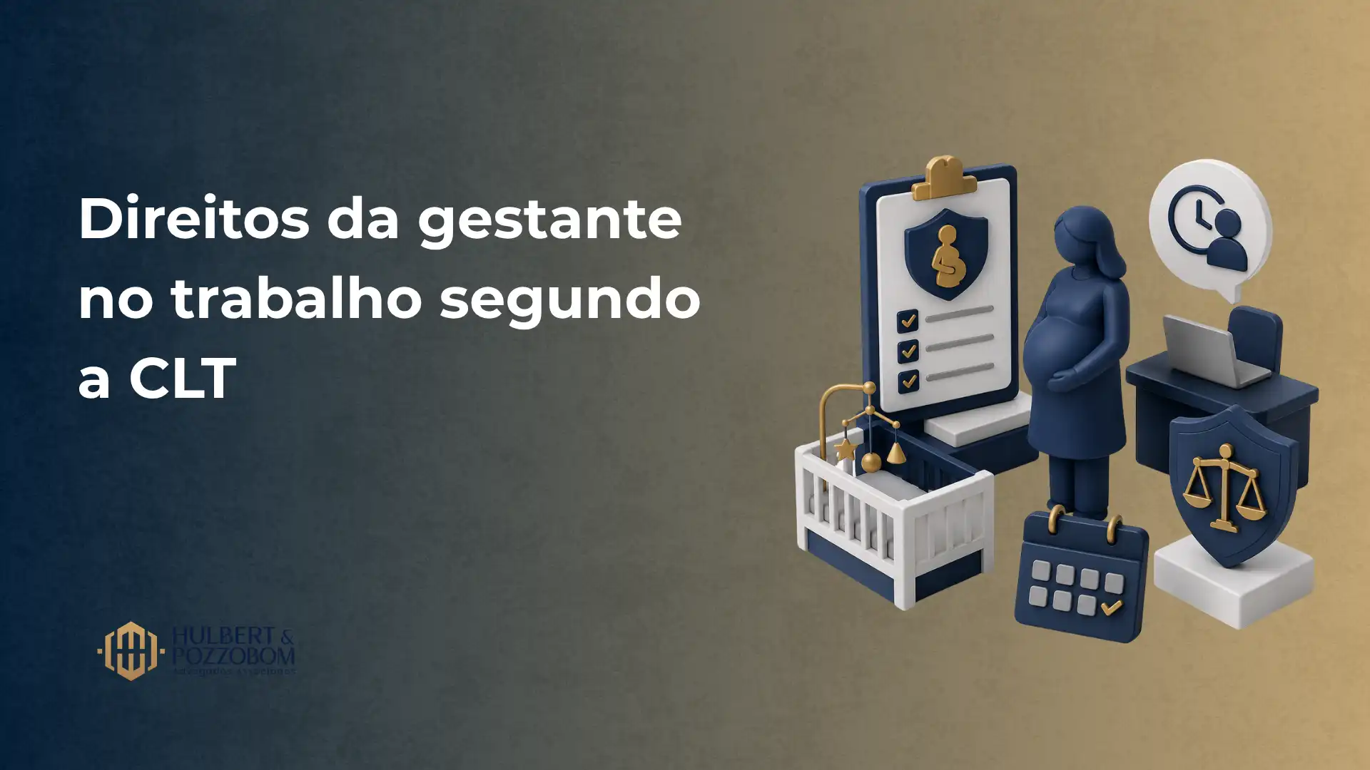 Ilustração sobre direitos da gestante no trabalho segundo a CLT: figura grávida ao lado de documentos com checagens, ícone de proteção e balança da justiça, estilo 3D.