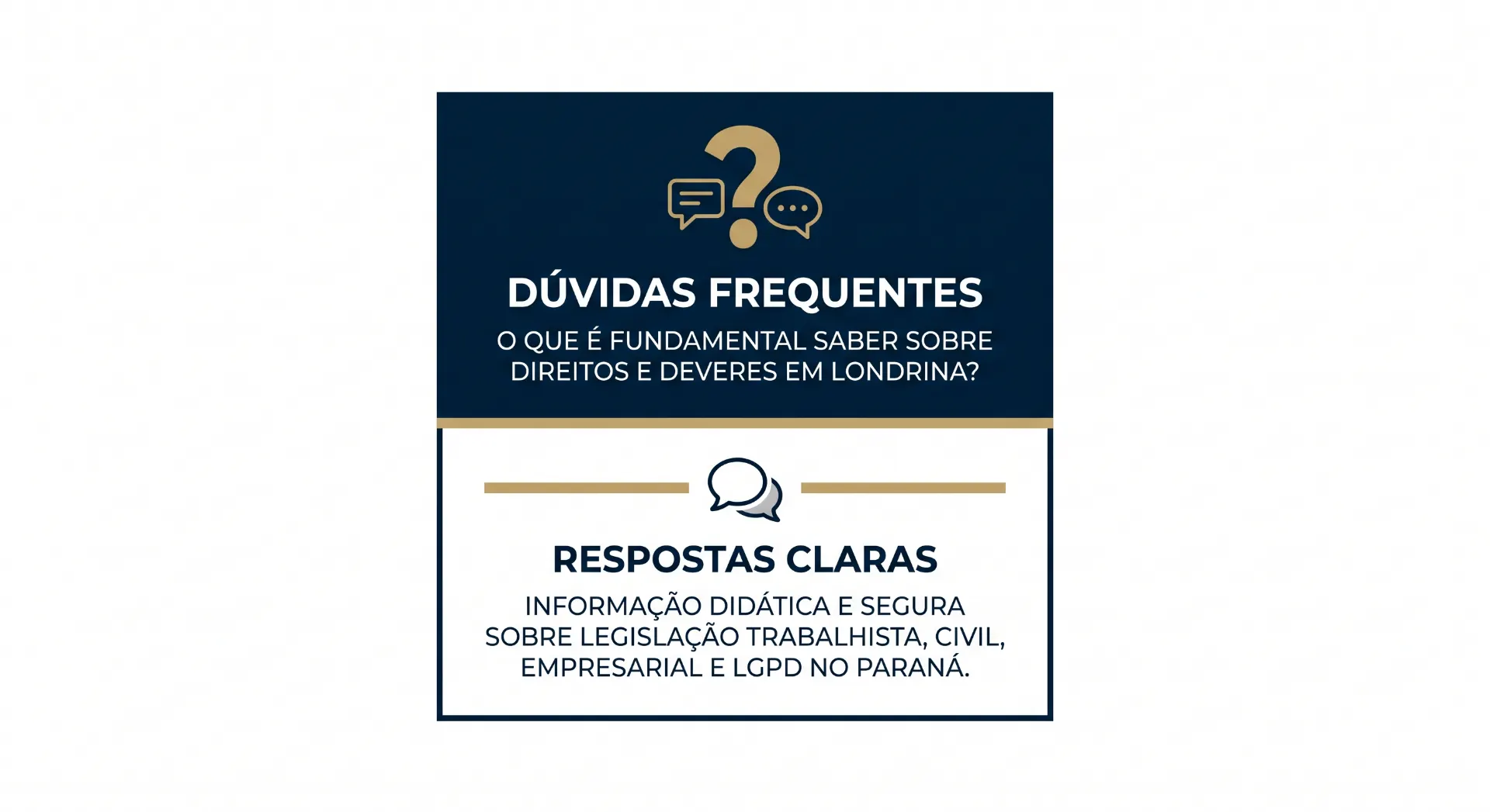Imagem com layout informativo “DÚVIDAS FREQUENTES” sobre direitos e deveres em Londrina, com destaque para “RESPOSTAS CLARAS” e explicações sobre legislação trabalhista, cível e empresarial.