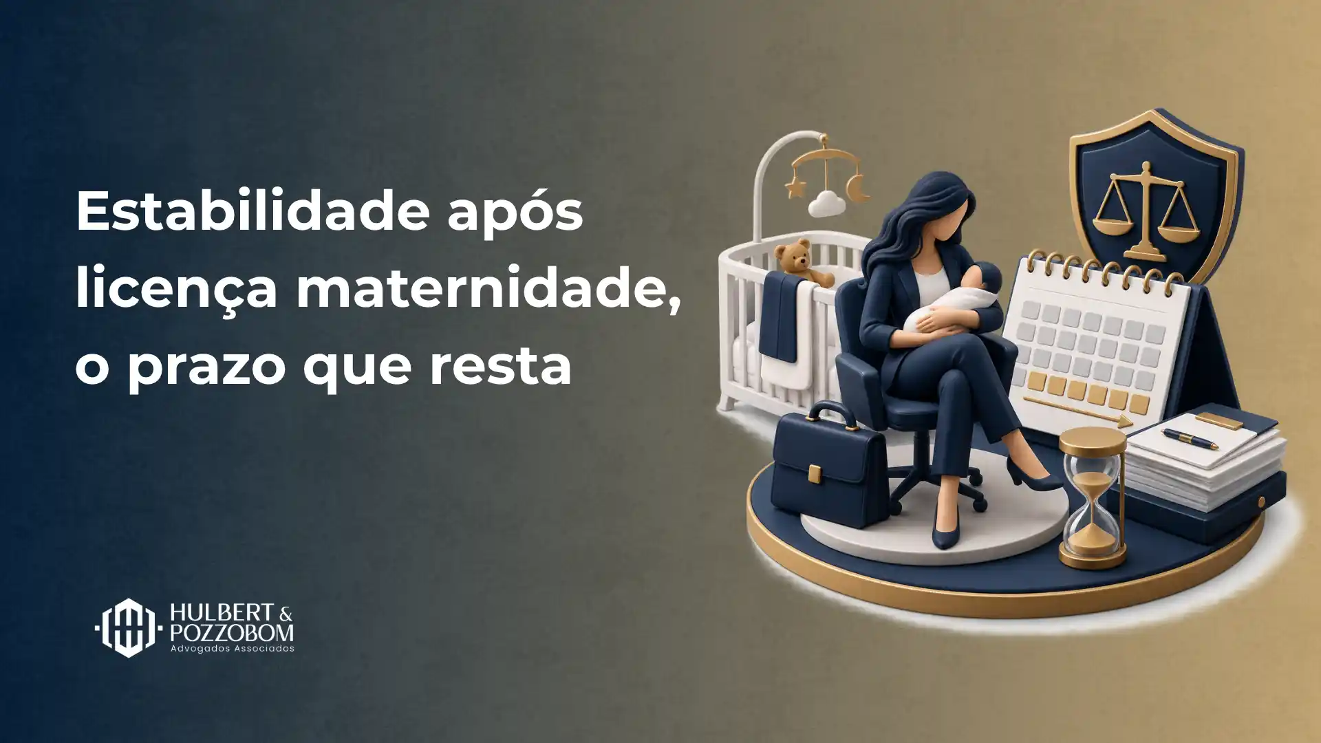 Ilustração com mãe amamentando em uma poltrona sobre base com relógio e ícones de documentos e balança, ao lado do texto “Estabilidade após licença maternidade, o prazo que resta”, para agência de advocacia.