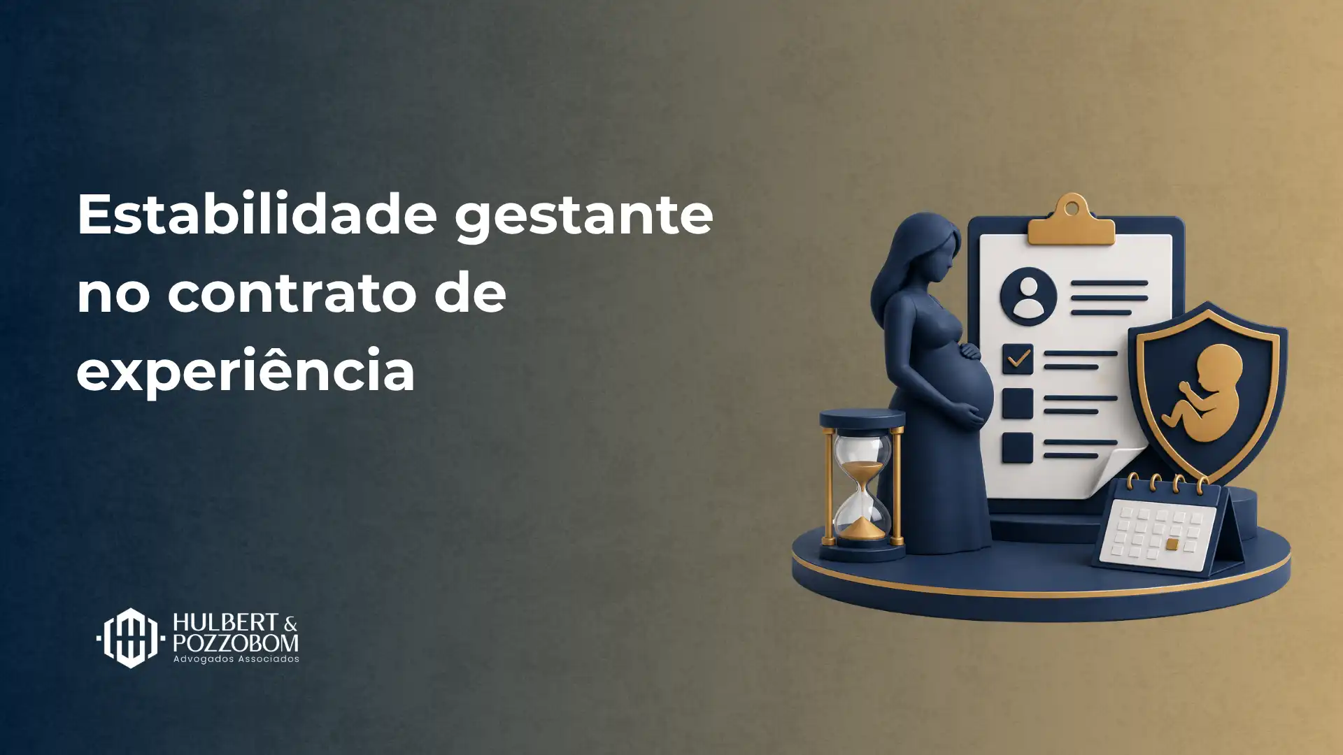 Ilustração sobre estabilidade gestante no contrato de experiência: figura em perfil segurando a barriga ao lado de um documento com checklist e um escudo de proteção, com ampulheta simbolizando o prazo.