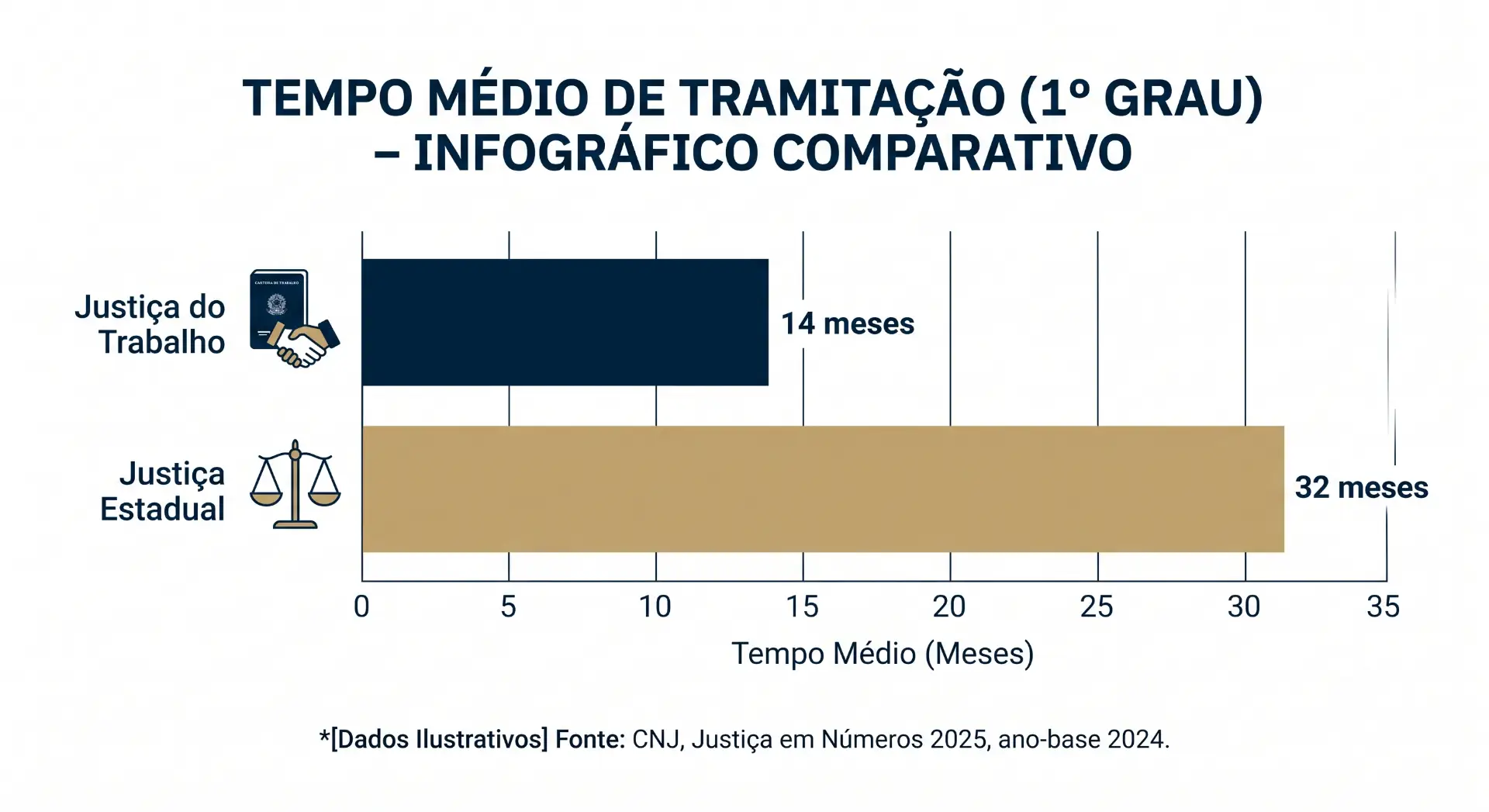 Gráfico comparativo de tempo médio de tramitação em primeiro grau: Justiça do Trabalho com 14 meses e Justiça Estadual com 32 meses, com eixo em meses.