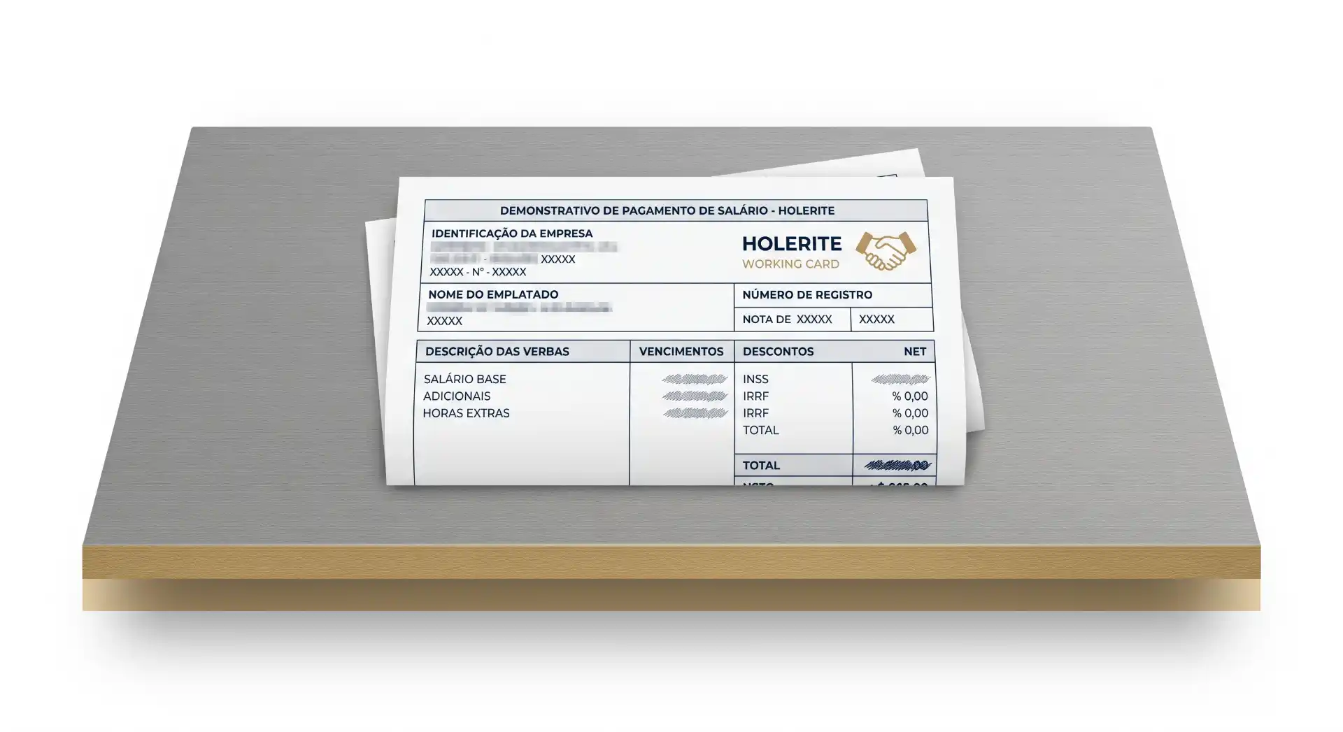 Holerite de pagamento em papel sobre uma mesa, com campos de identificação do empregado, descrição de verbas, vencimentos e descontos, além do total e NET.