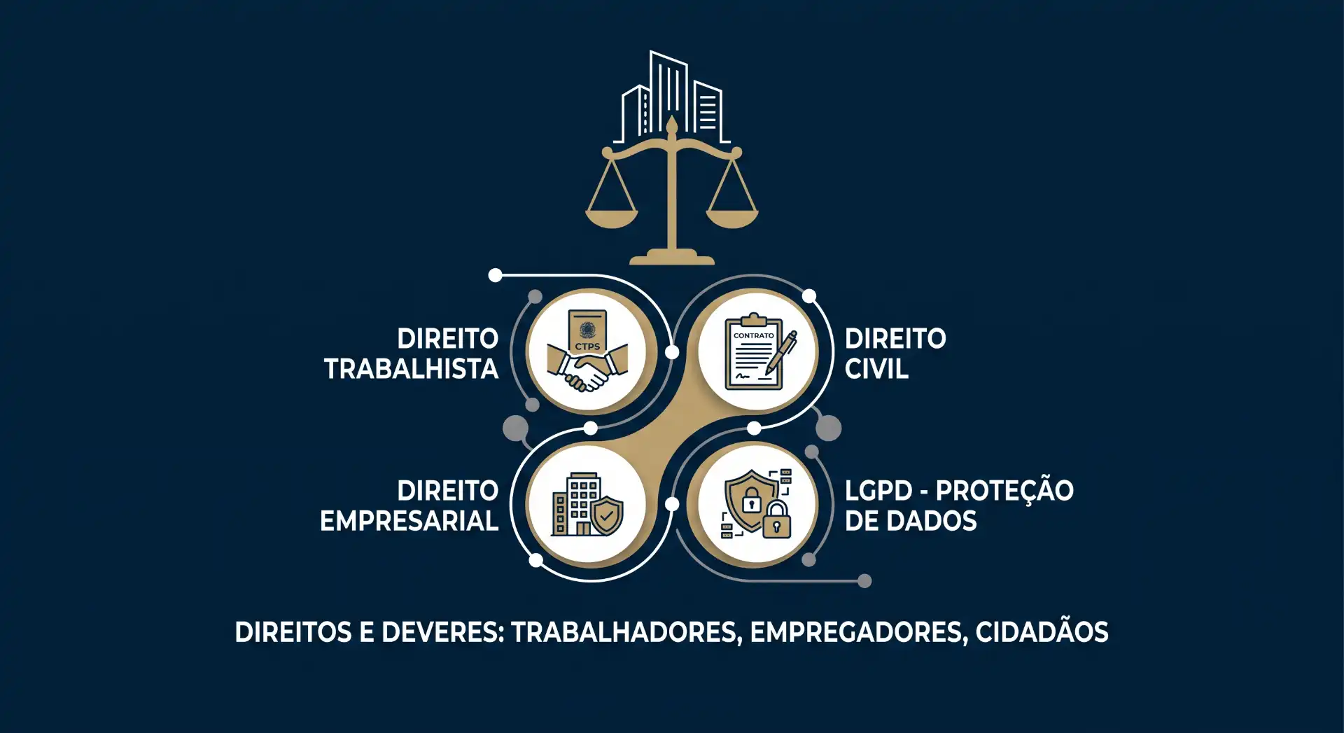 Ilustração em fundo azul com ícone de balança da justiça e quatro áreas do direito: Direito Trabalhista, Direito Civil, Direito Empresarial e LGPD - Proteção de Dados, com texto sobre direitos e deveres de trabalhadores, empregadores e cidadãos.