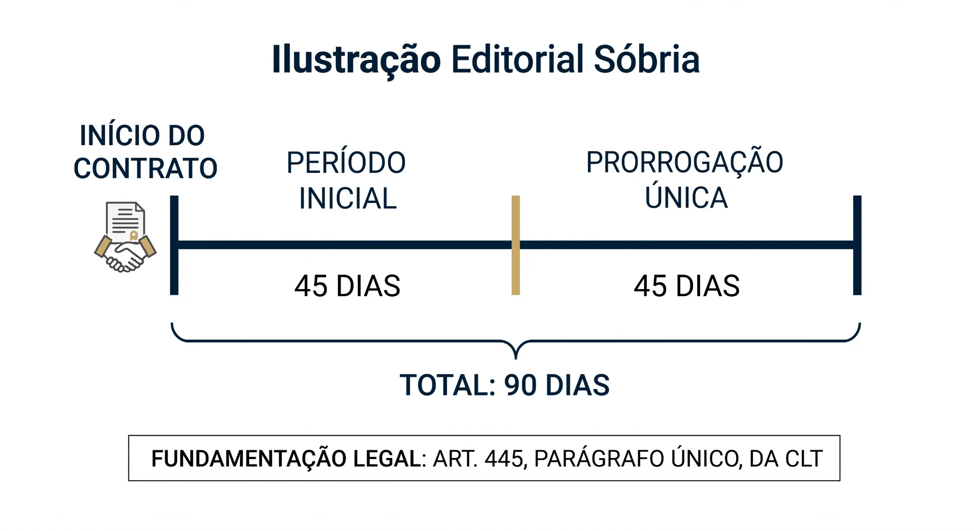 Ilustração editorial sóbria com linha do tempo do contrato: início do contrato, período inicial de 45 dias, prorrogação única de 45 dias e total de 90 dias, com fundamentação legal do art. 445, parágrafo único da CLT.