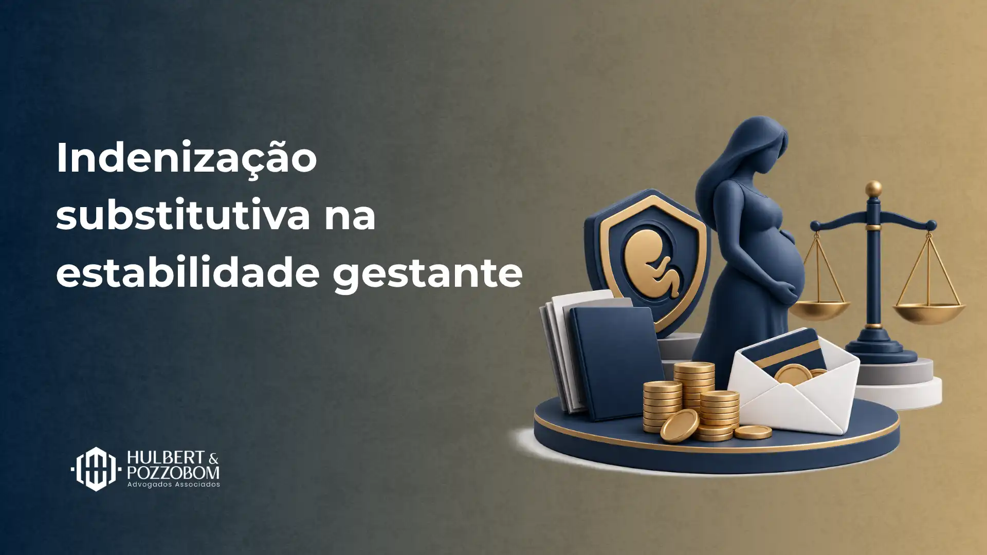 Imagem com tema jurídico sobre indenização substitutiva na estabilidade gestante: balança, moedas e ícone de gestação ao lado de documentos, com texto “Indenização substitutiva na estabilidade gestante”.
