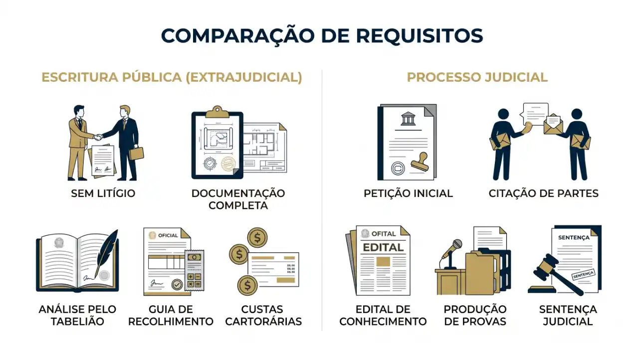 Infográfico comparando requisitos entre escritura pública (extrajudicial) e processo judicial, com etapas como documentação completa, petição inicial, citação de partes, edital e sentença judicial.