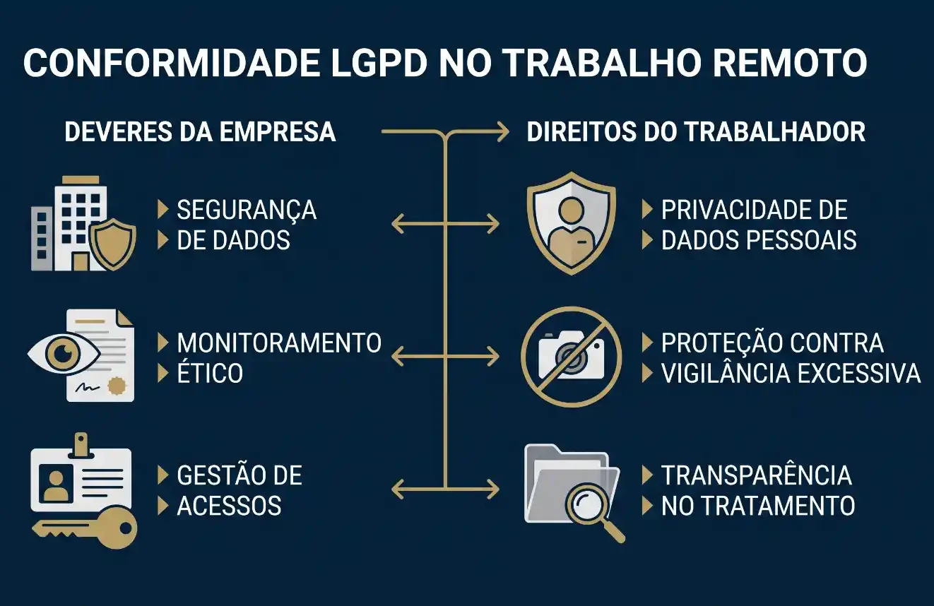 Infográfico sobre conformidade LGPD no trabalho remoto, com deveres da empresa e direitos do trabalhador: segurança de dados, monitoramento ético, gestão de acessos, privacidade, proteção contra vigilância excessiva e transparência no tratamento.