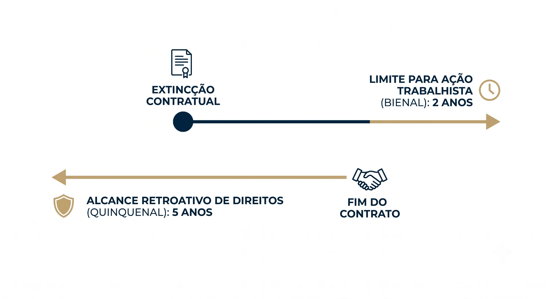 Infográfico com linha do tempo mostrando extinção contratual, limite para ação trabalhista (bienal: 2 anos), alcance retroativo de direitos (quinquenal: 5 anos) e fim do contrato.
