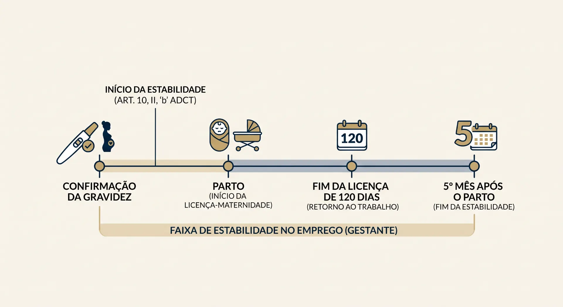 Infográfico sobre a faixa de estabilidade no emprego (gestante), com linha do tempo mostrando início da estabilidade, confirmação da gravidez, parto, fim da licença de 120 dias e 5º mês após o parto.