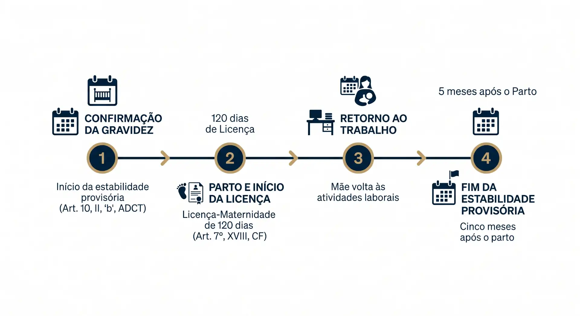 Infográfico com linha do tempo da licença-maternidade e estabilidade provisória após a confirmação da gravidez, passando por 120 dias de licença, retorno ao trabalho, 5 meses após o parto e fim da estabilidade provisória.