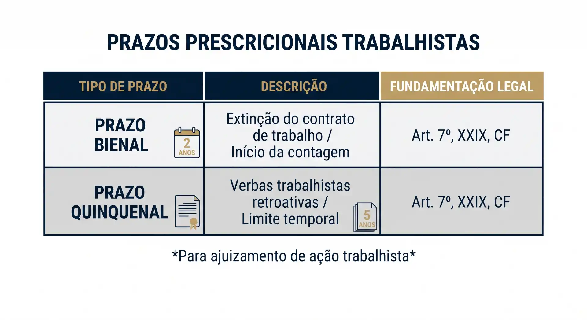Infográfico sobre prazos prescricionais trabalhistas com tabela de prazo bienal e quinquenal, descrição de extinção do contrato e verbas retroativas, com fundamentação legal no Art. 7º, XXIX, da CF.
