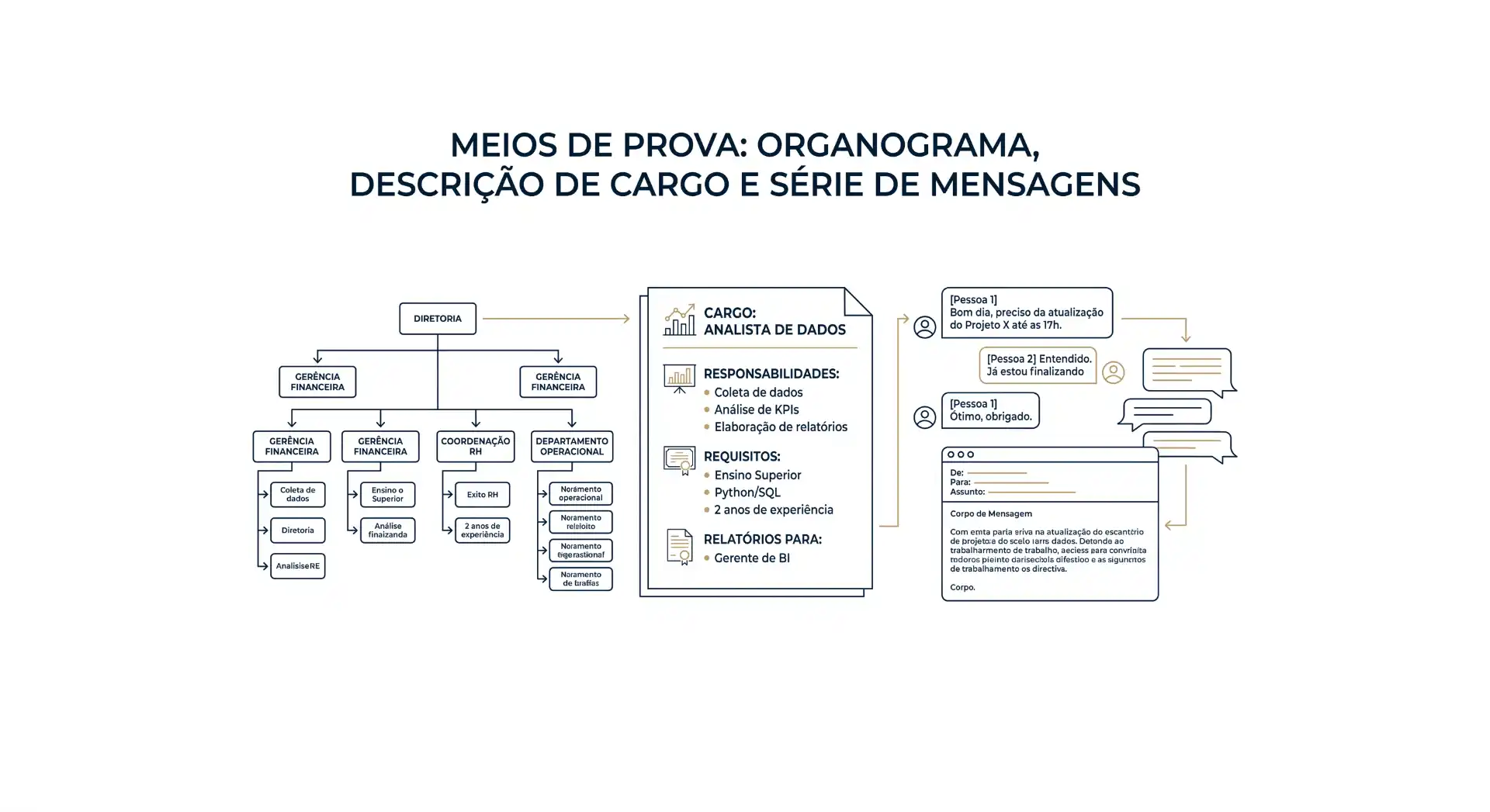 Diagrama organizacional de meios de prova com organograma, descrição de cargo e série de mensagens, mostrando hierarquia entre gerências, responsabilidades e relatórios para projeto.