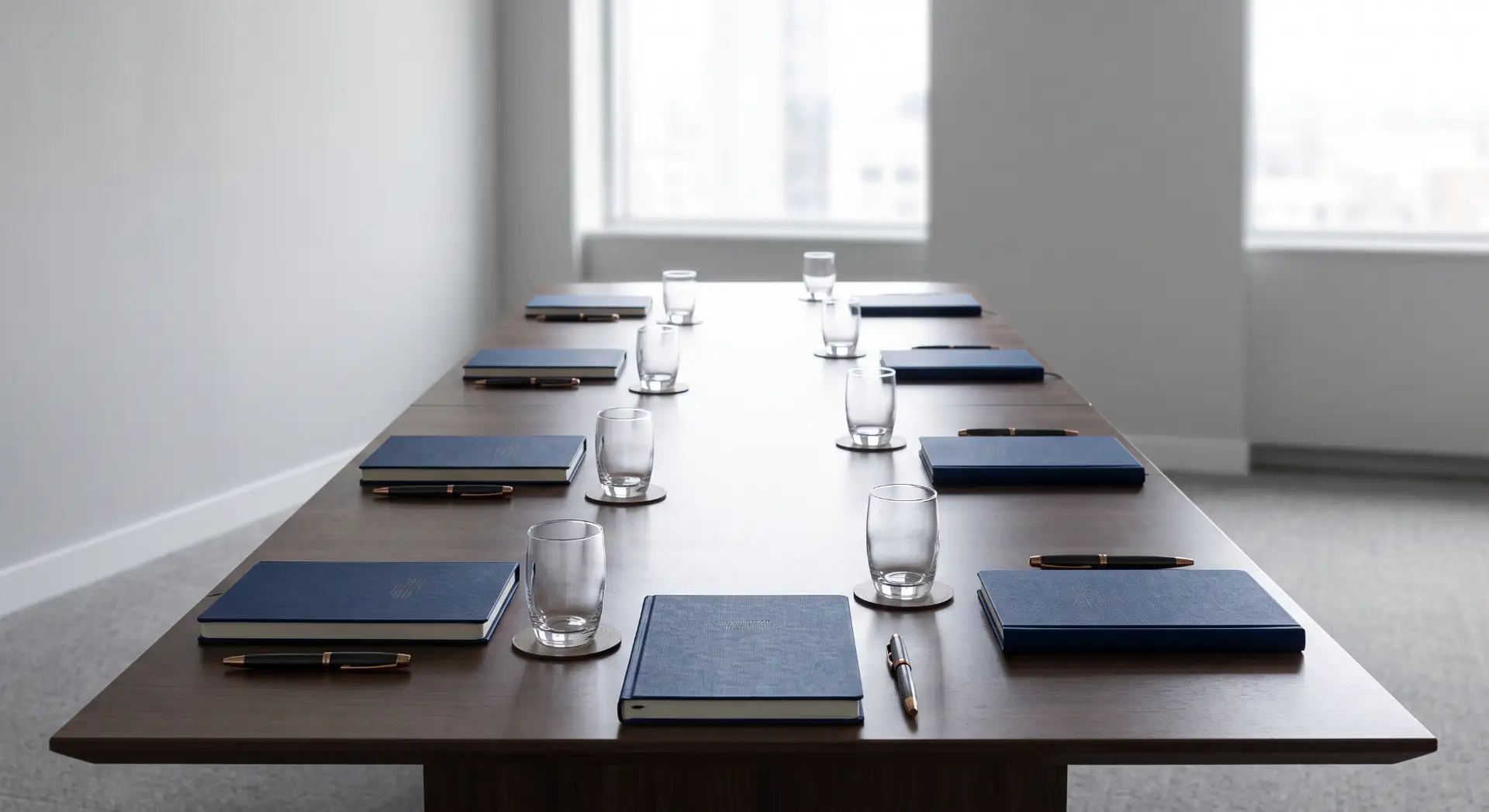 Mesa de reunião corporativa com cadernos azuis, canetas e copos de água em ambiente moderno e iluminado por janelas ao fundo.