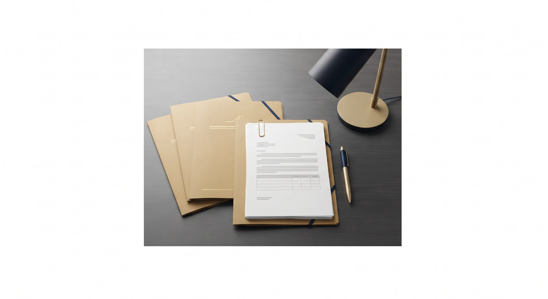 Mesa de escritório com pastas e documentos em papel, caneta e abajur, compondo cenário de trabalho administrativo e organização de arquivos.