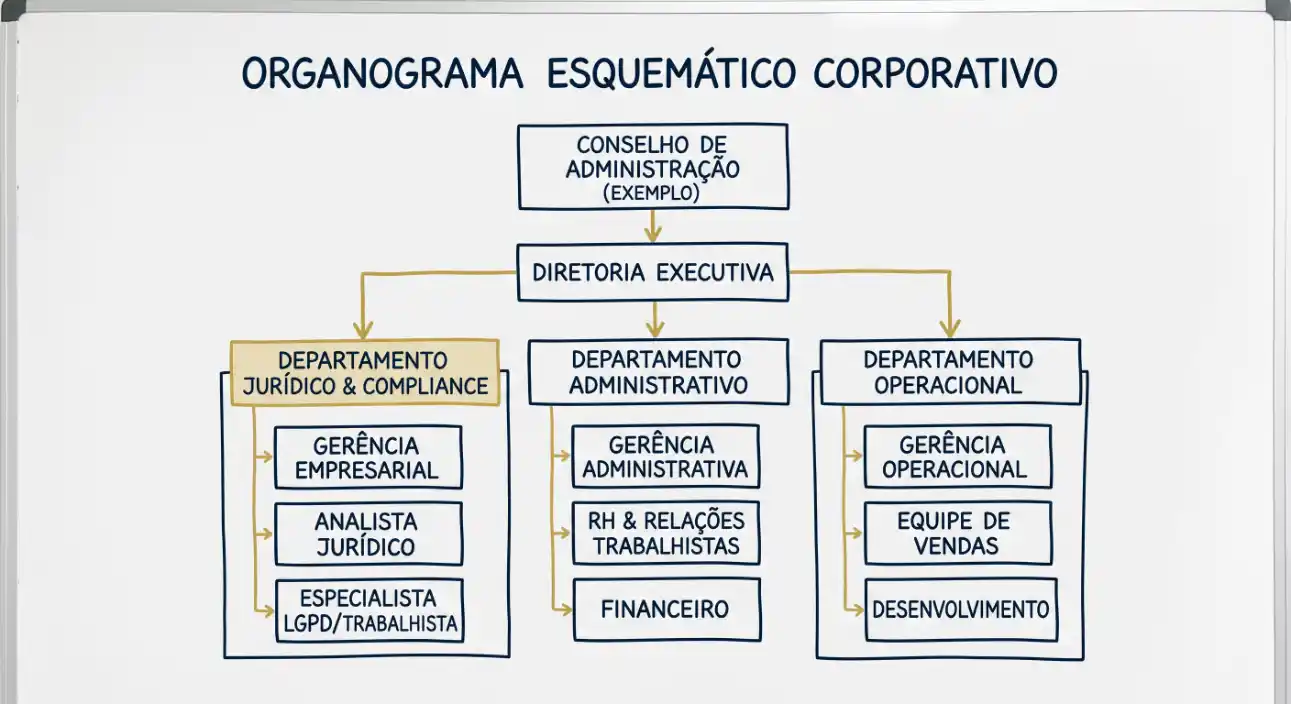 Organograma esquemático corporativo em quadro branco, mostrando Conselho de Administração, Diretoria Executiva e departamentos Jurídico & Compliance, Administrativo e Operacional com suas respectivas gerências e equipes.