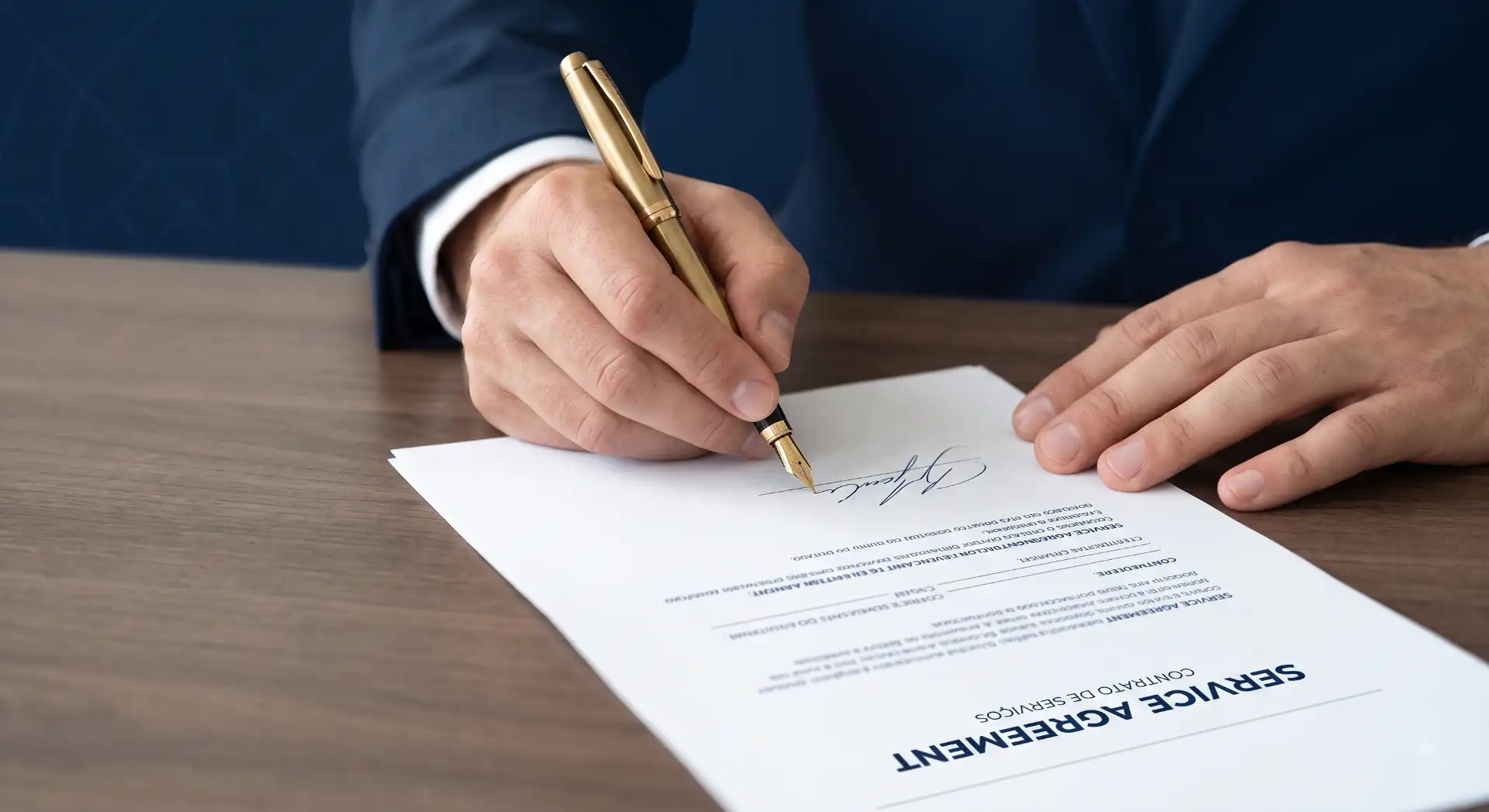 Pessoa assinando um contrato ou documento oficial sobre uma mesa, com caneta dourada, enquanto as mãos seguram a folha com texto impresso e cabeçalho com a palavra SPH OCARADAINATE.