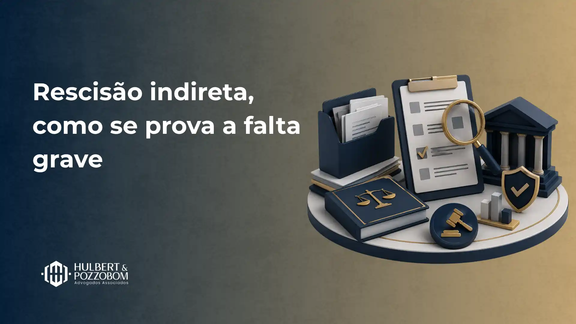 Imagem de capa com a frase “Rescisão indireta, como se prova a falta grave” ao lado de ícones de documentos, lupa, balança e escudo, sugerindo análise jurídica trabalhista.