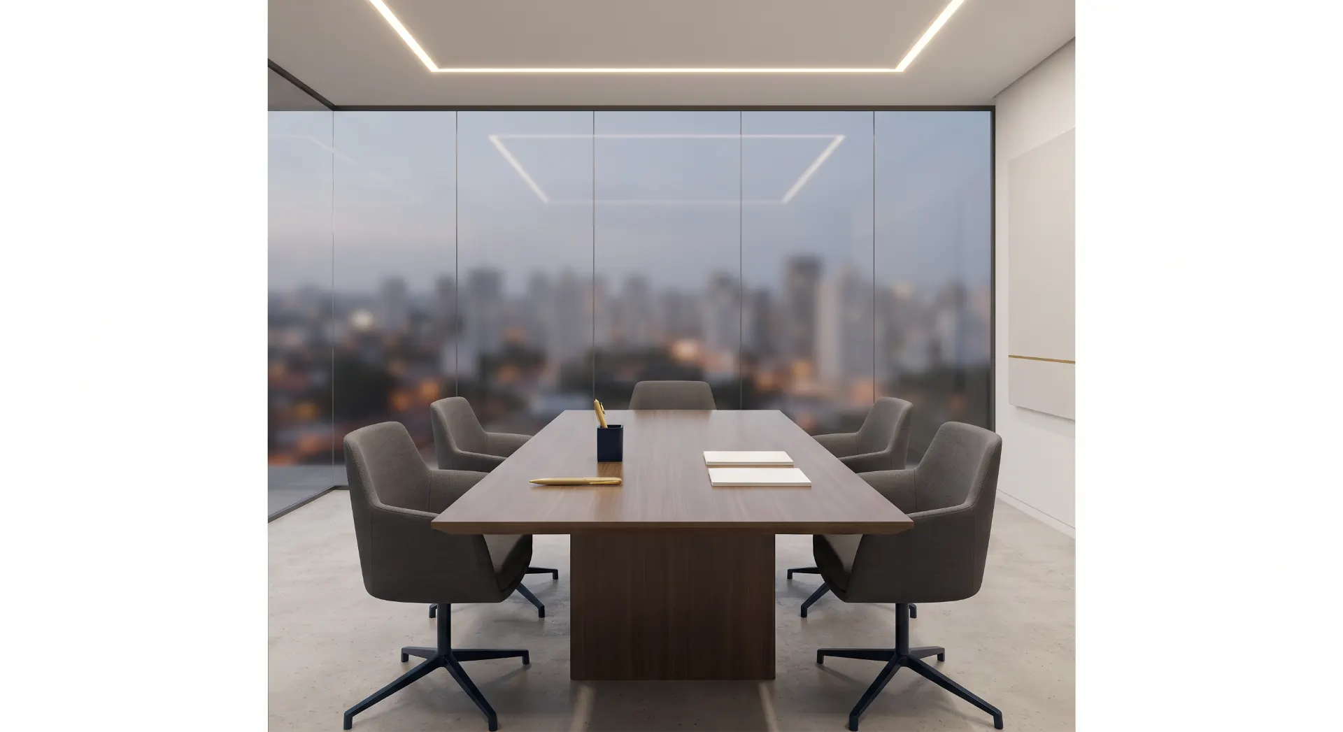 Sala de reunião moderna com mesa de madeira, cadeiras giratórias cinzas, caderno e caneta sobre a mesa, iluminação em LED e vista da cidade ao fundo.