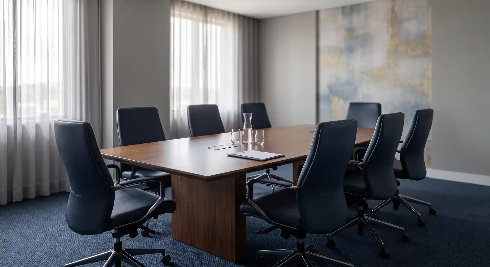 Sala de reuniões moderna com mesa retangular de madeira, cadeiras estofadas azuis e suporte de copos, ao lado de grandes janelas com cortinas e quadro decorativo na parede