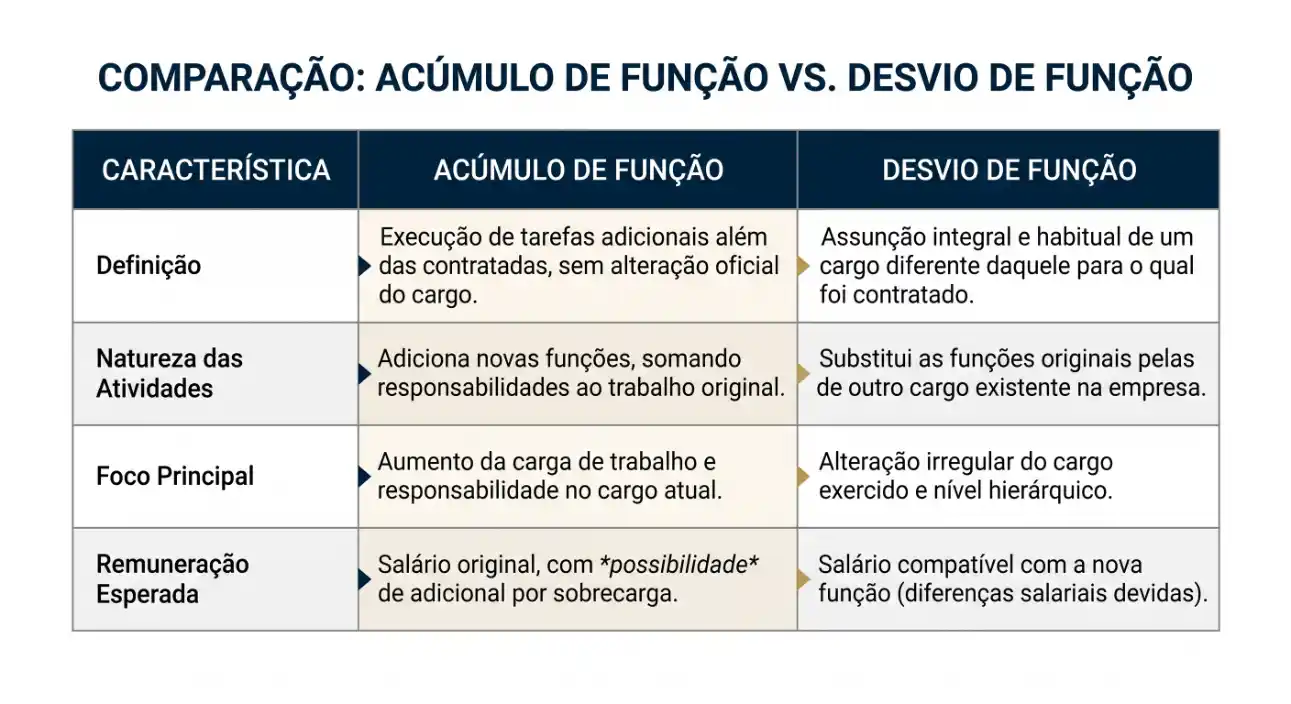 Tabela comparativa sobre acúmulo de função versus desvio de função, com definição, natureza das atividades, foco principal e remuneração esperada em cada caso.