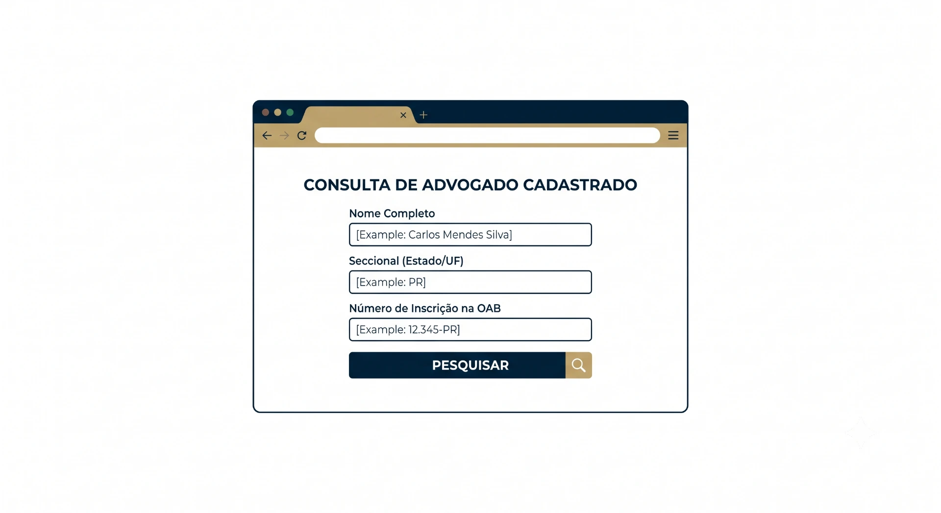 Tela de formulário de consulta de advogado cadastrado com campos de nome completo, seccional (estado/UF), número de inscrição na OAB e botão pesquisar.