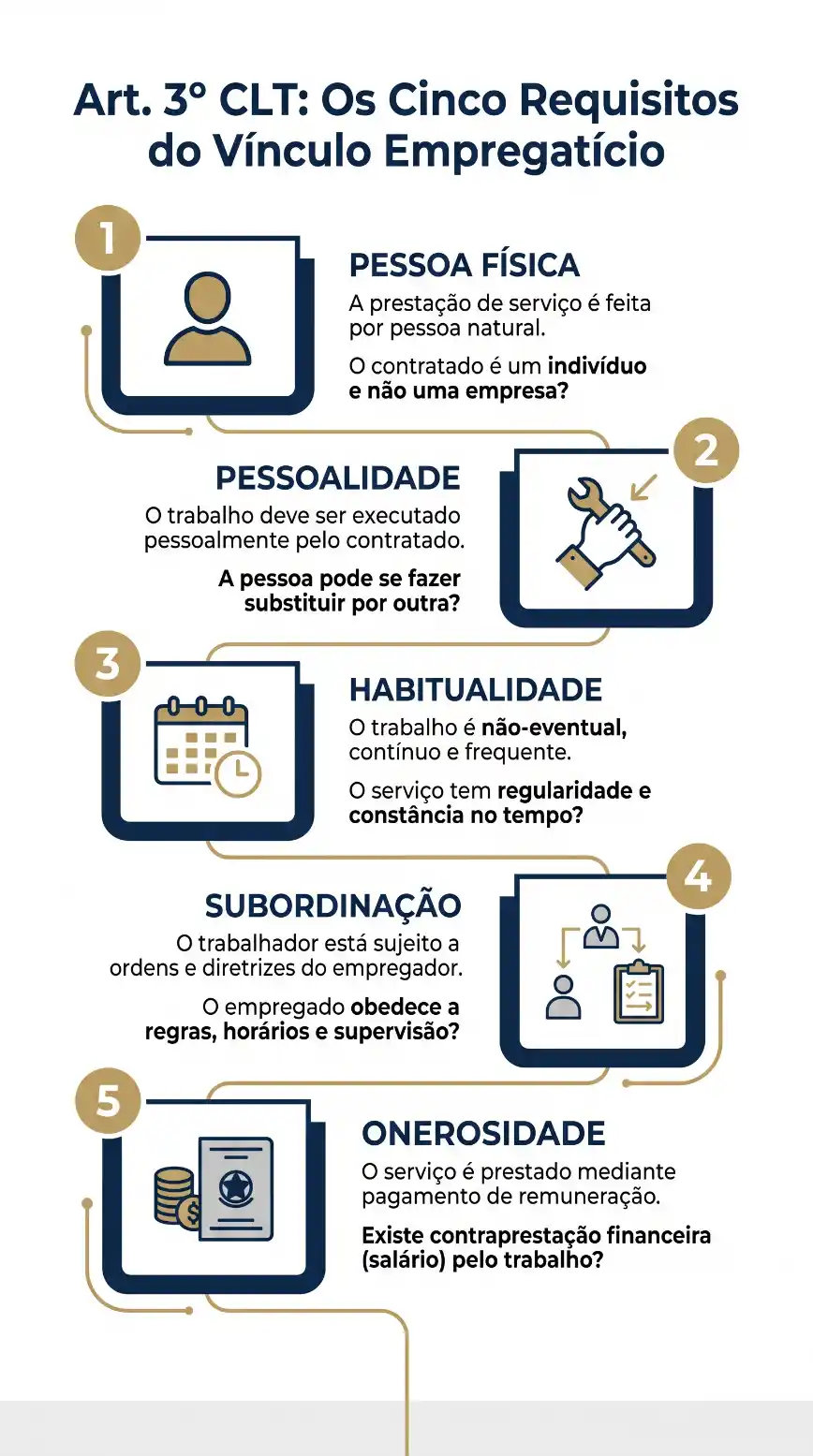 Infográfico sobre o Art. 3º da CLT e os cinco requisitos do vínculo empregatício: pessoa física, pessoalidade, habitualidade, subordinação e onerosidade.
