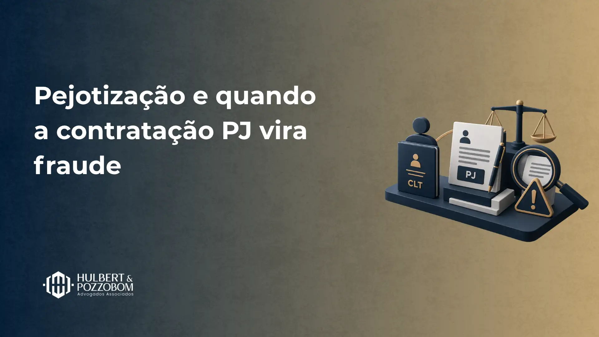 Banner com fundo azul e bege, texto “Pejotização e quando a contratação PJ vira fraude” e ilustrações de documentos e ícones de segurança, lupa e alerta sobre contratação PJ, CLT e PJ.