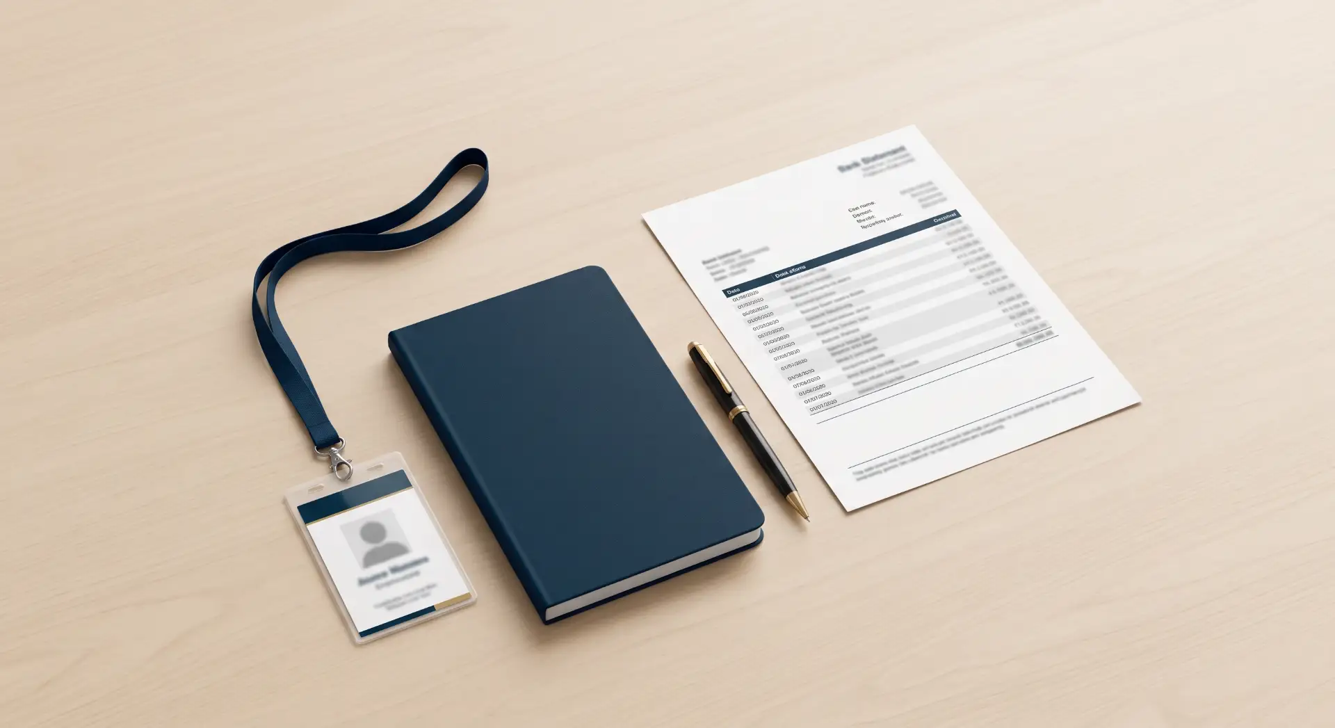 Conjunto de materiais corporativos sobre mesa de madeira: crachá com cordão azul, bloco de anotações azul, caneta e documento impresso com colunas e gráficos.