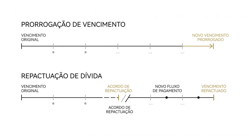 Diagrama comparando a prorrogação de vencimento, que estende o prazo do mesmo contrato, com a repactuação de dívida, que cria novo fluxo de pagamento