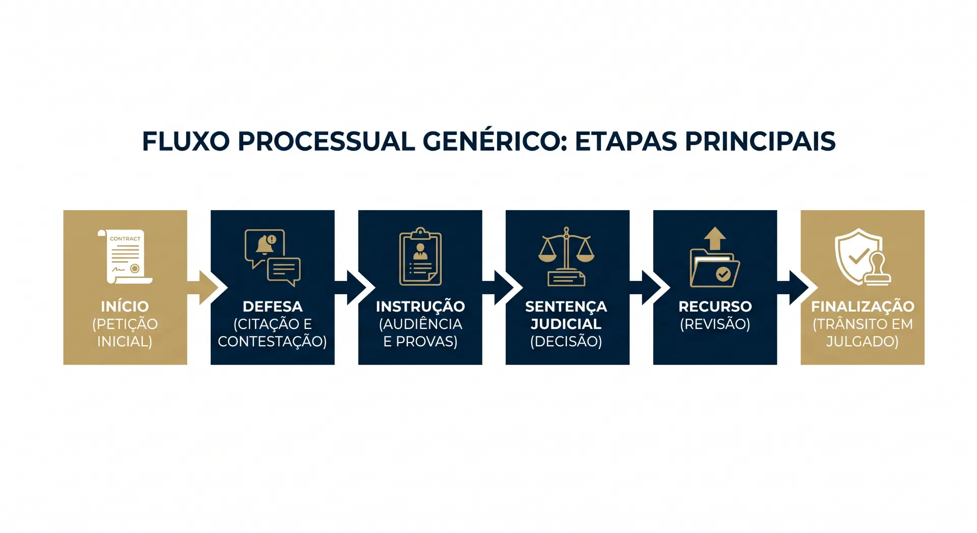 Infográfico com o fluxO processual genérico mostrando etapas principais: início (petição inicial), defesa (citação e contestação), instrução (audiência e provas), sentença judicial (decisão), recurso (revisão) e finalização (trânsito em julgado).