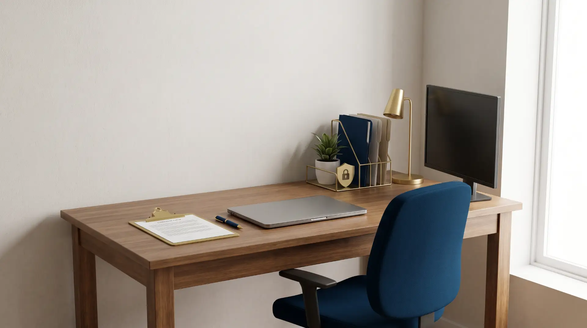 Sala de home office com mesa de madeira, computador e notebook sobre a escrivaninha, cadeira azul, luminária dourada e materiais de trabalho organizados no canto ao lado da janela.