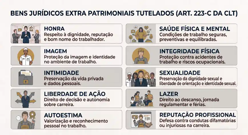 Infográfico jurídico sobre bens jurídicos extra patrimoniais tutelados (art. 223-C da CLT), destacando honrra, imagem, intimidade, saúde física e mental, integridade física, sexualidade, liberdade de ação, autoestima, lazer e reputação profissional.