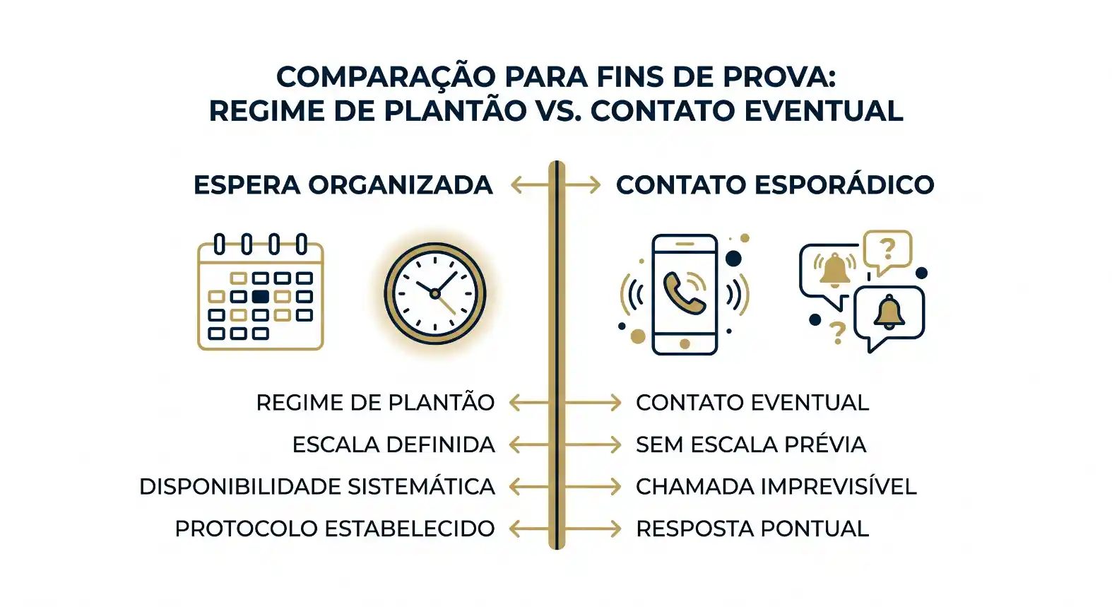 Infográfico comparando regime de plantão e contato eventual: espera organizada com disponibilidade sistemática, escala definida e protocolo estabelecido versus contato esporádico, chamada imprevisível e resposta pontual.